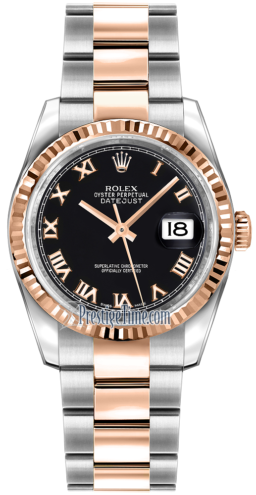 Rolex 116231 DateJust Black Roman Dial Jubilee Stainless Steel and Rose Gold  36mm - Luxury Watches USA