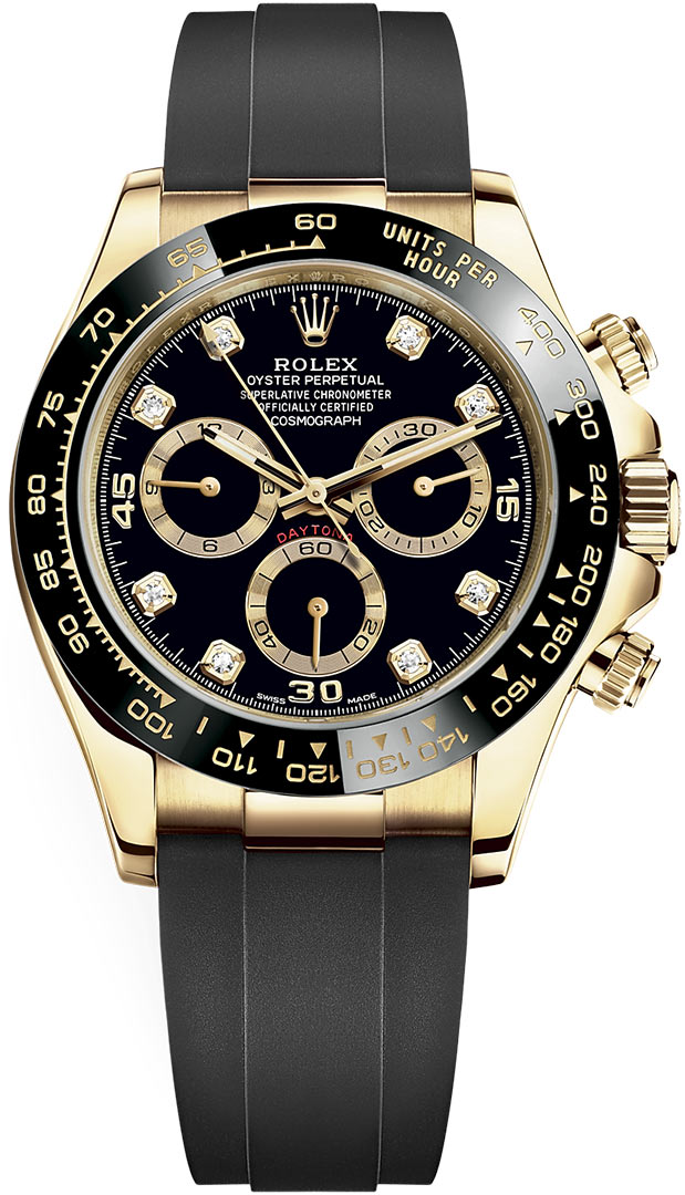 116518LN Black Diamond Oysterflex Rolex Cosmograph Yellow Gold Mens Watch