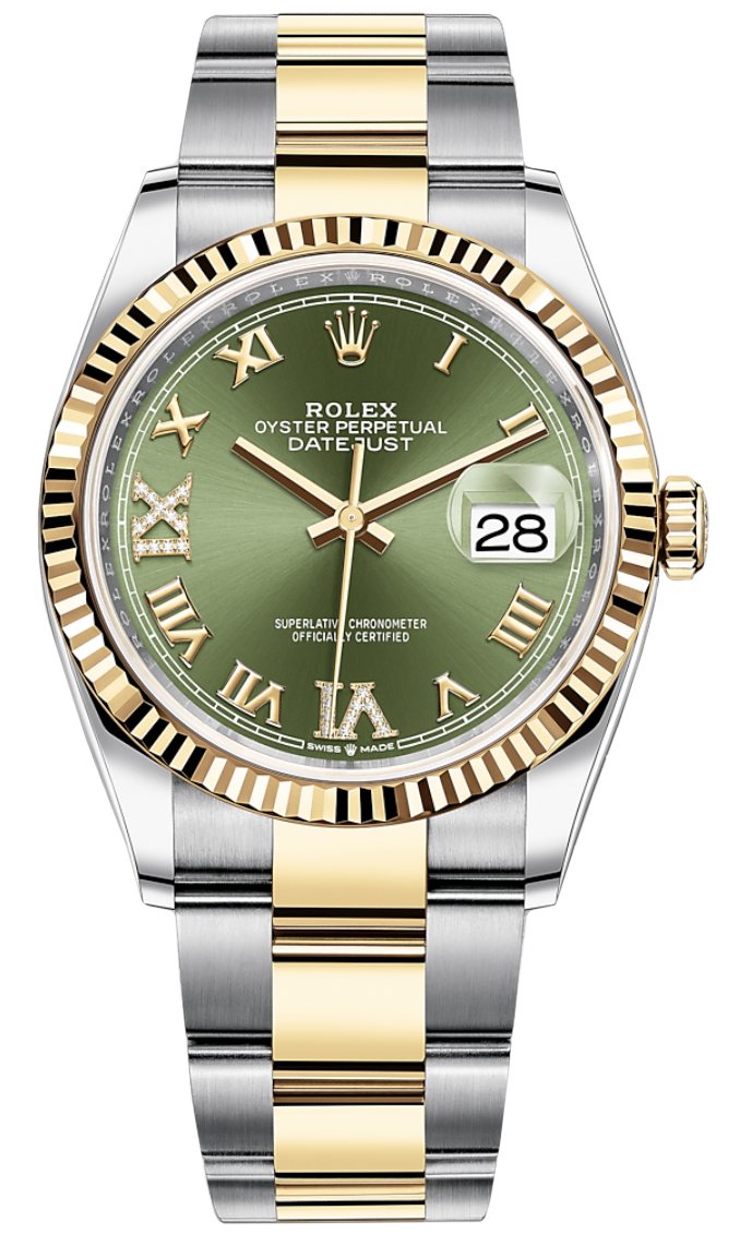 Rolex Datejust 36mm Stainless Steel and Yellow Gold 126233 Olive Green VI IX Roman Oyster