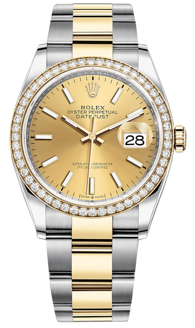 126283RBR Champagne Index Rolex Datejust Stainless Steel and Yellow Gold Ladies Watch