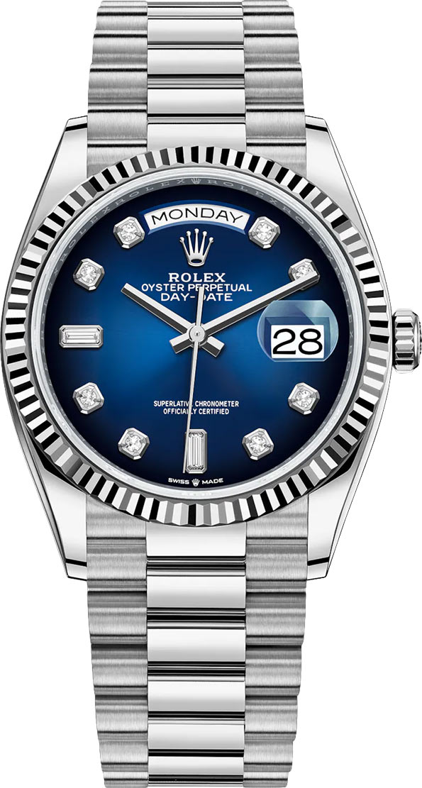 128239 Blue Diamond Rolex Day-Date 36mm White Gold Midsize Watch