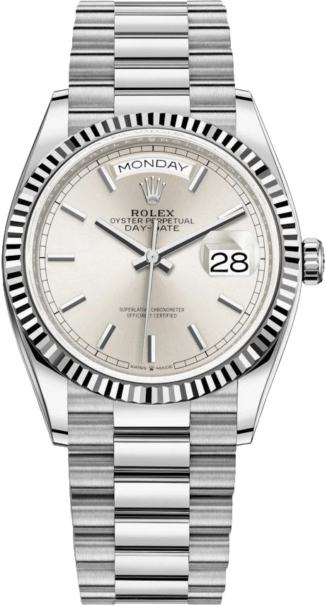 128239 Silver Index Rolex Day-Date 36mm Gold Midsize