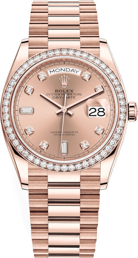 128345RBR Diamond Rolex Day-Date 36mm Everose Gold Midsize Watch