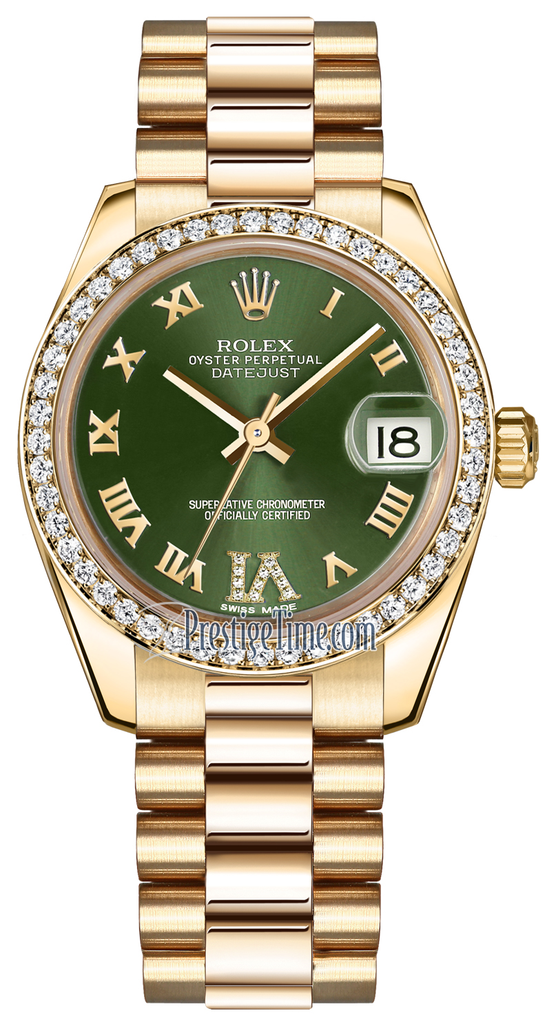 Rolex Datejust 31 Olive Green VI Diamond Dial Fluted Bezel 18K Gold President 178248 | WatchGuyNYC Olive Green / None