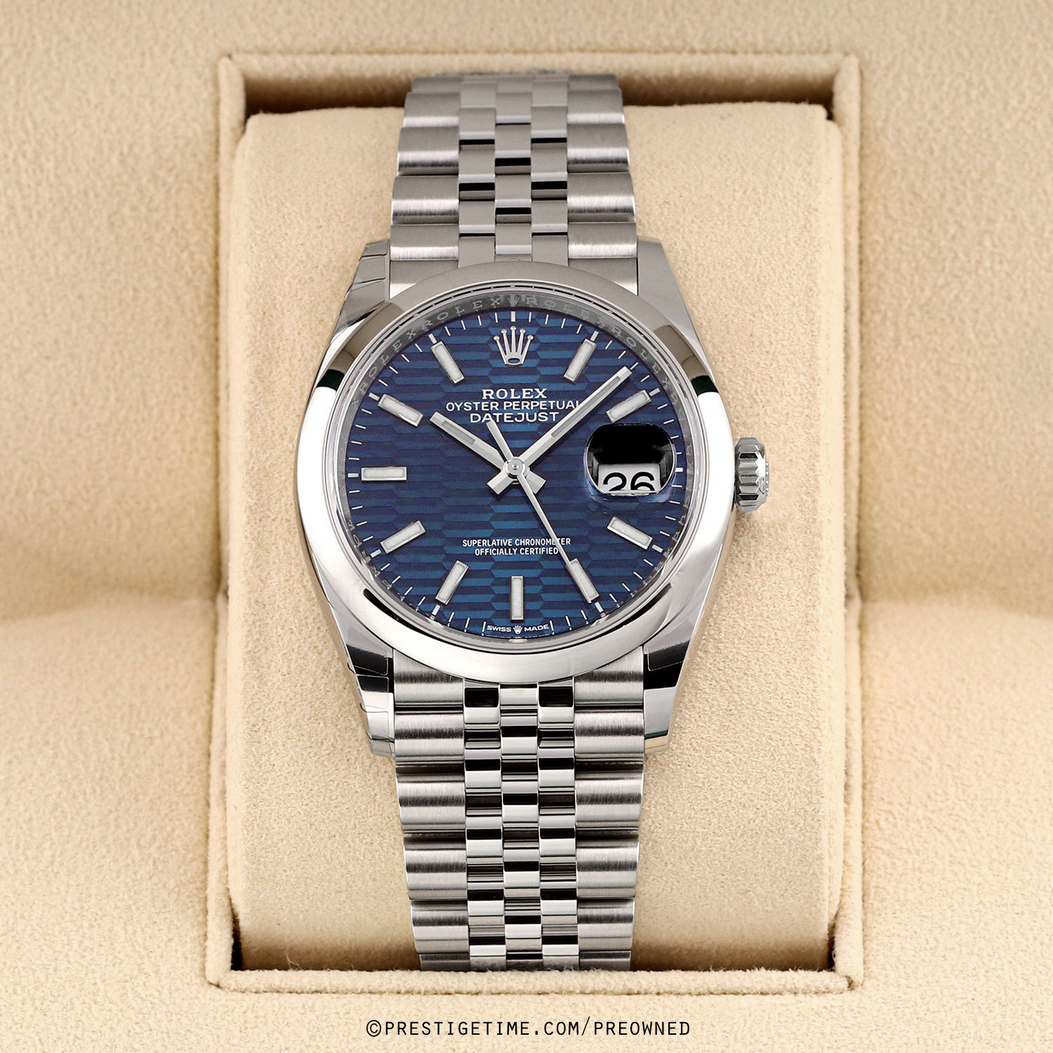 Preowned Rolex Datejust 36mm Bright Blue Fluted Motif 126200 Jubilee