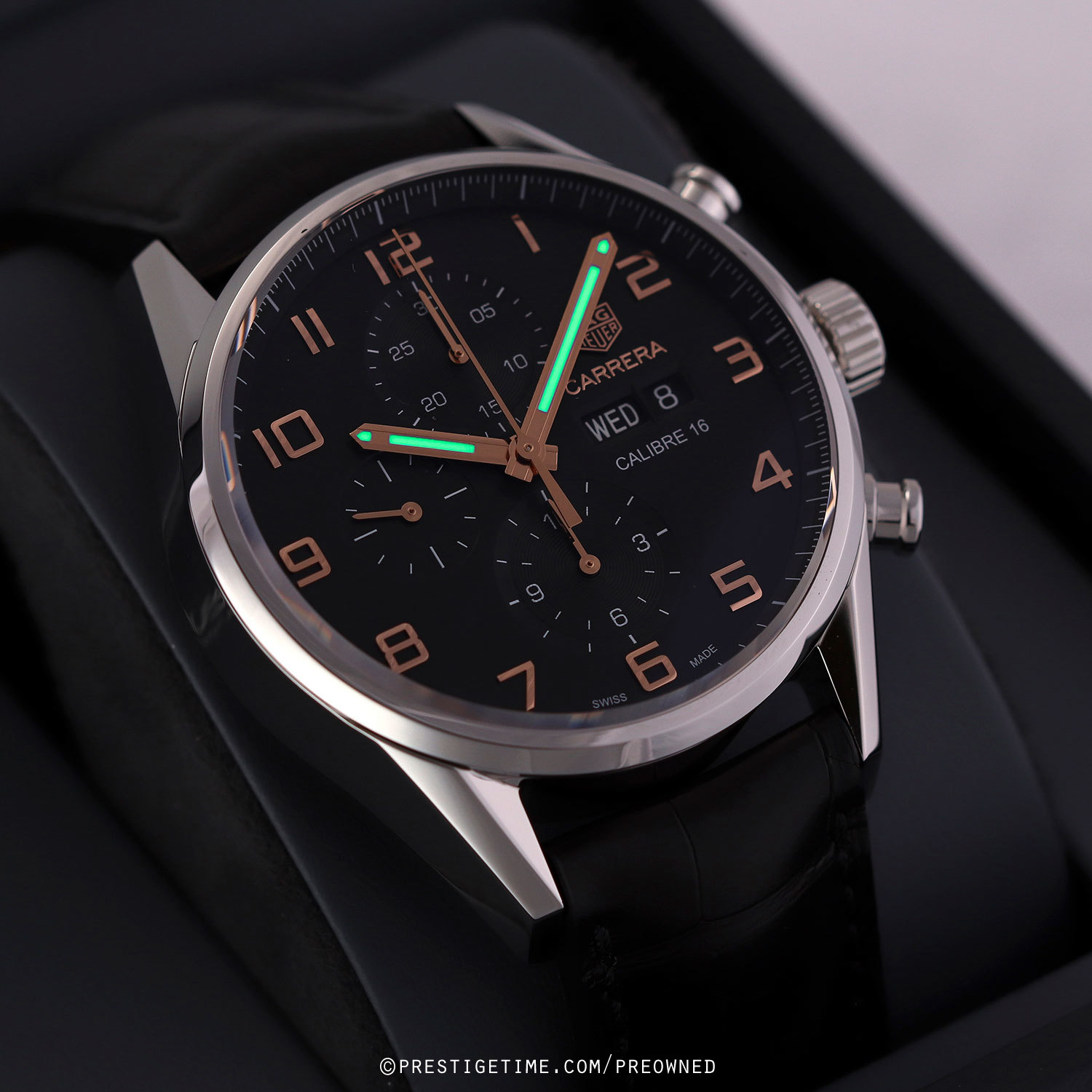 TAG HEUER CARRERA CALIBRE 16 DAY DATE With Black Alligator Leather Band