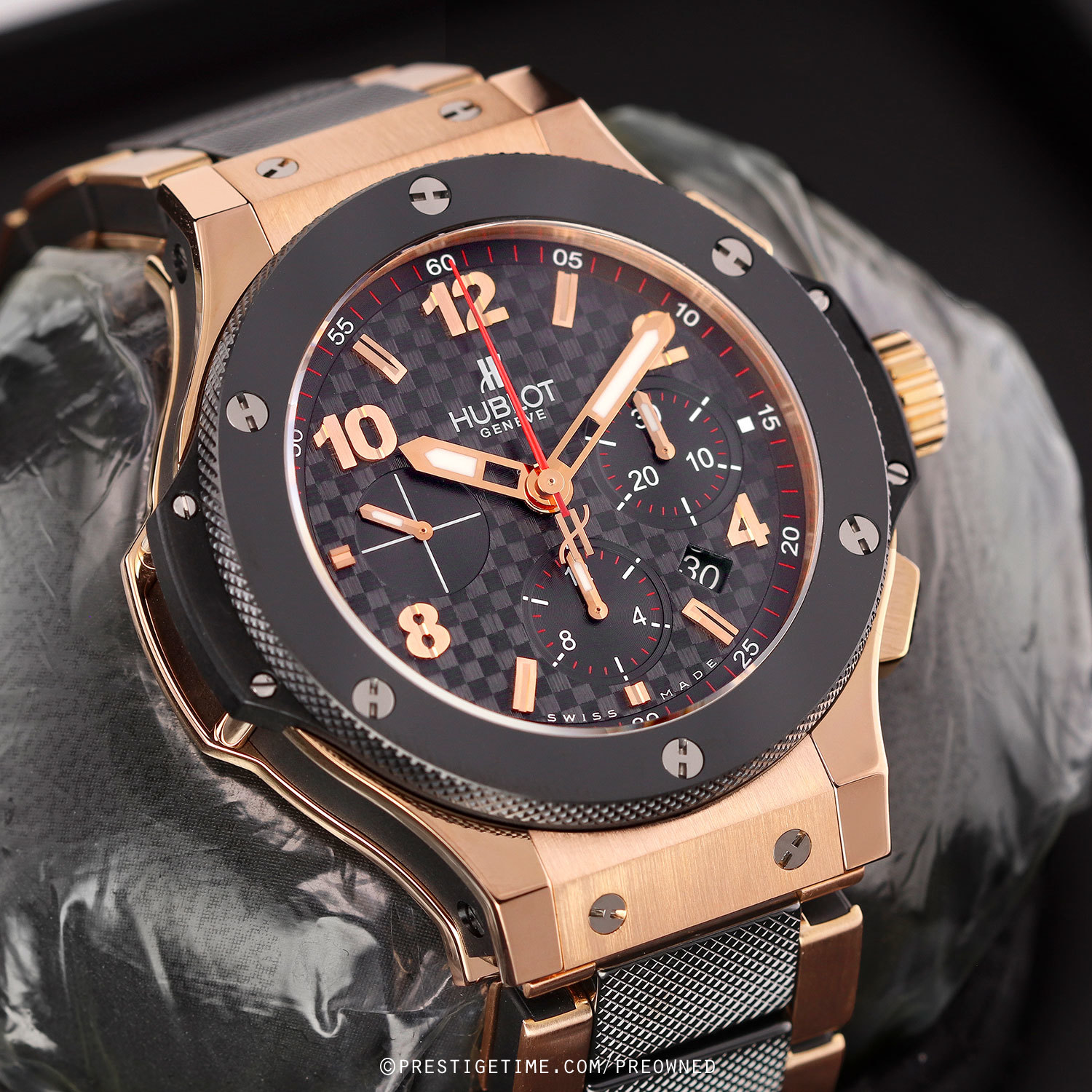 Hublot Big Bang Chronograph 44mm Ceramic Black Bezel/Rubber Strap/Rose Gold Watch 301.PB.131.RX Box Papers